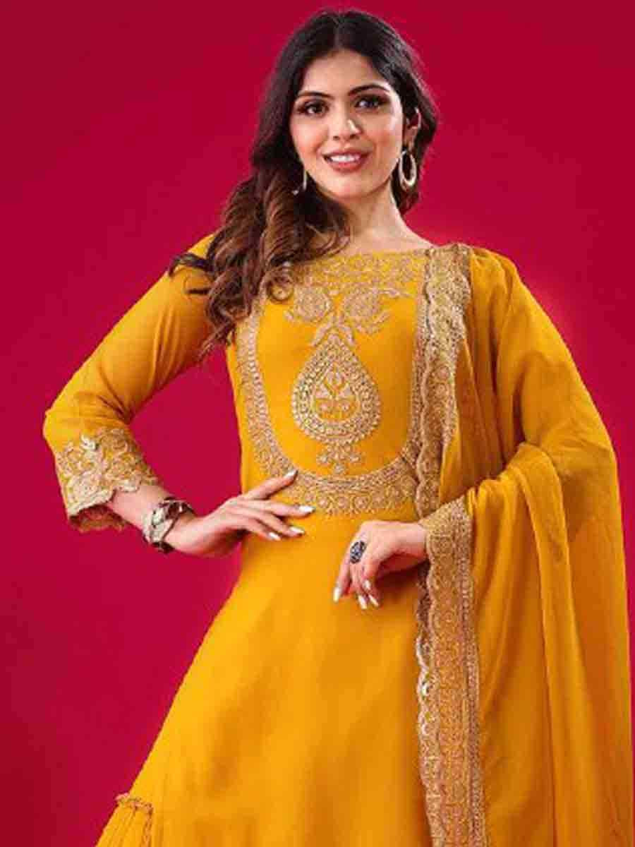 Yellow Blooming Faux Georgette Embroidered Party Wedding Ready Sharara Pant Salwar Kameez