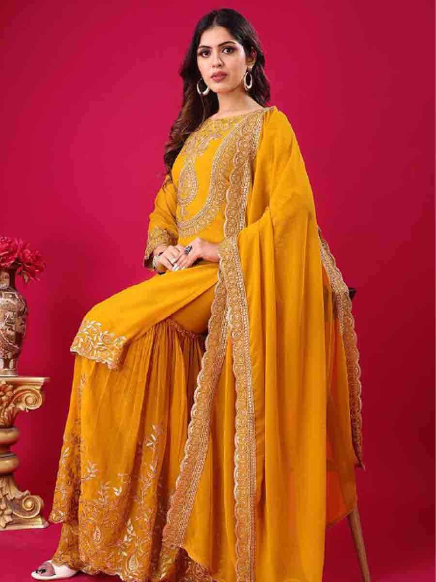 Yellow Blooming Faux Georgette Embroidered Party Wedding Ready Sharara Pant Salwar Kameez