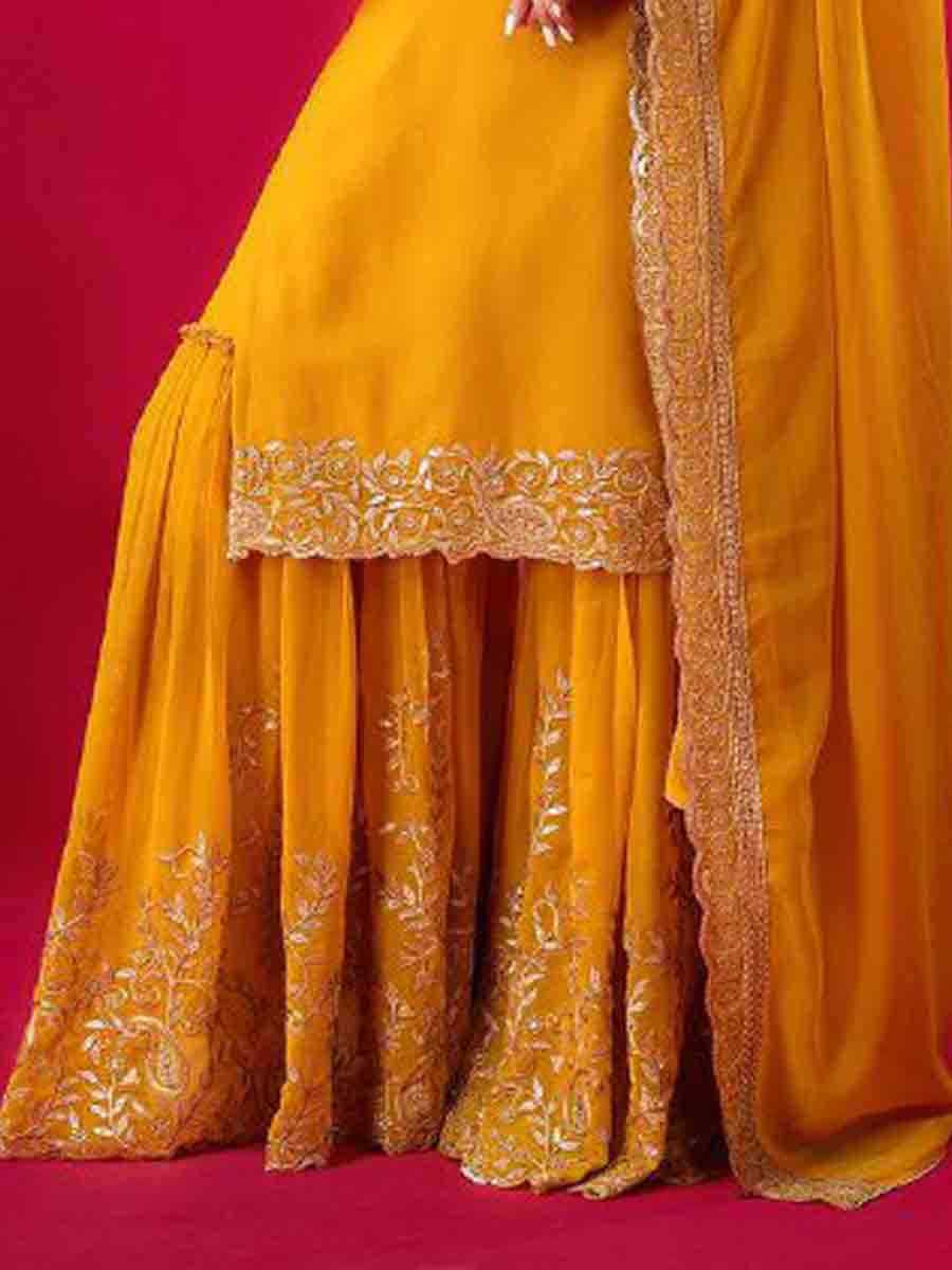 Yellow Blooming Faux Georgette Embroidered Party Wedding Ready Sharara Pant Salwar Kameez