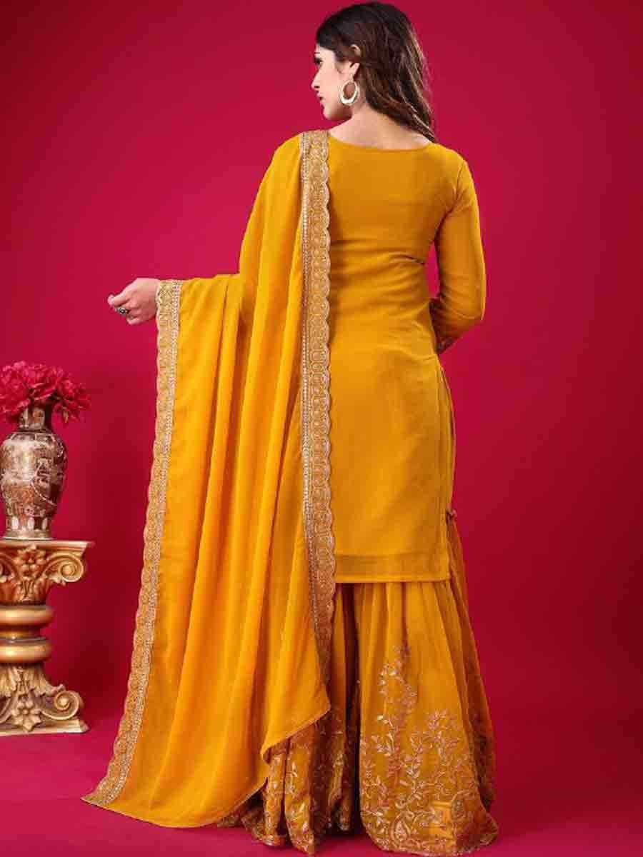 Yellow Blooming Faux Georgette Embroidered Party Wedding Ready Sharara Pant Salwar Kameez