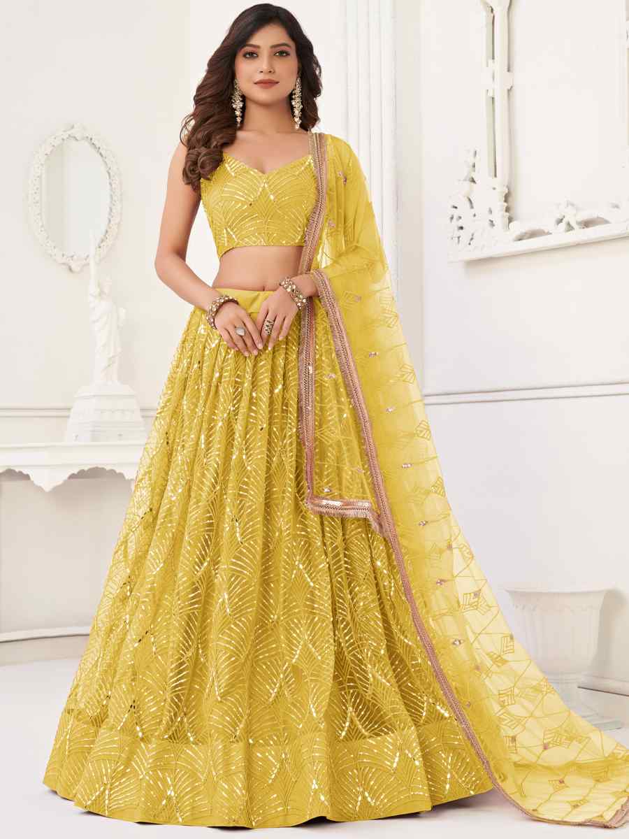 Yellow Butterfly Net Embroidered Bridesmaid Wedding Heavy Border Lehenga Choli