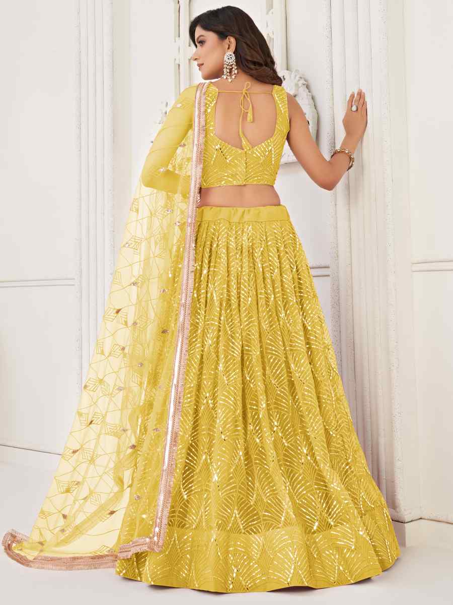 Yellow Butterfly Net Embroidered Bridesmaid Wedding Heavy Border Lehenga Choli