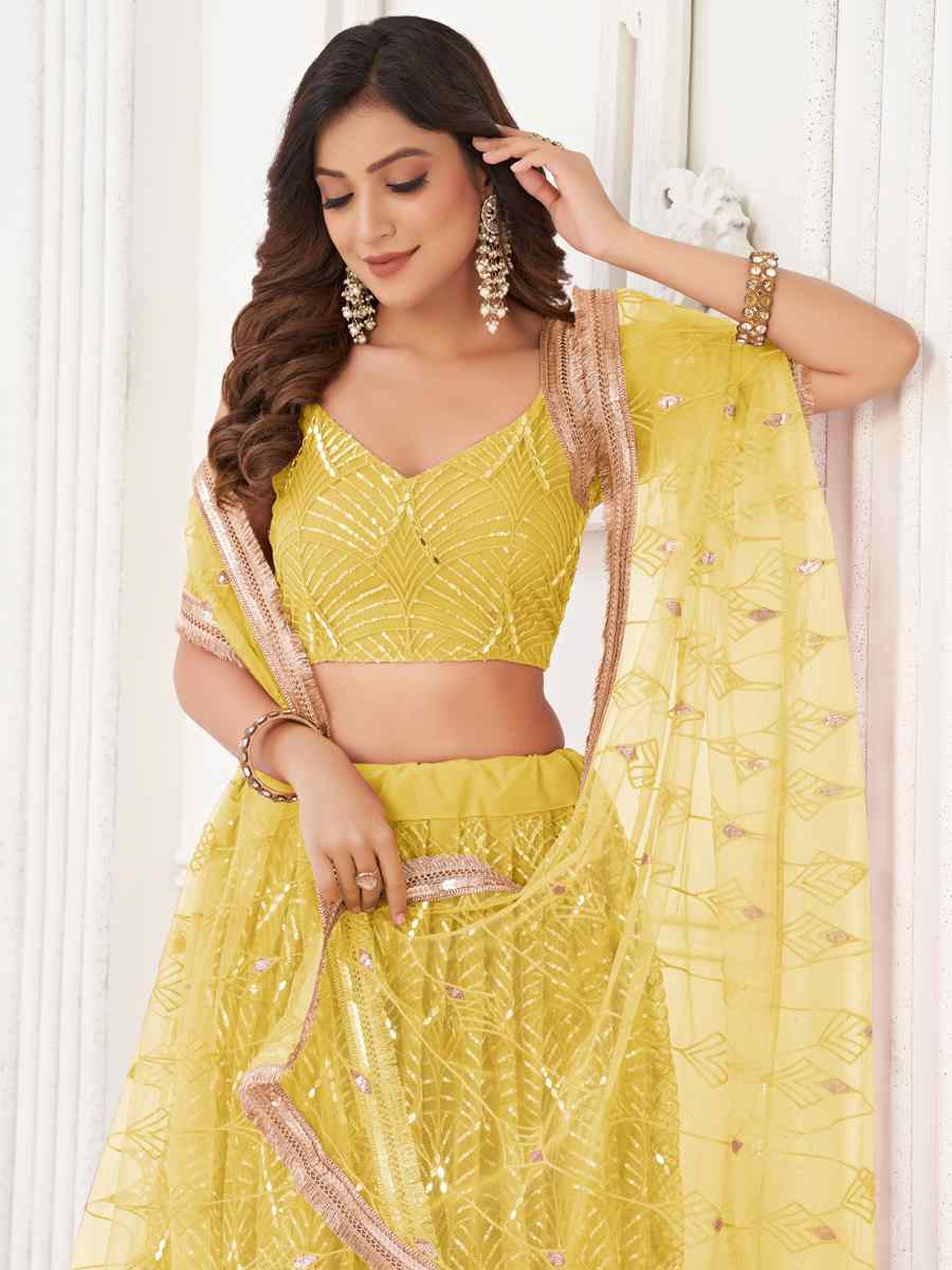 Yellow Butterfly Net Embroidered Bridesmaid Wedding Heavy Border Lehenga Choli