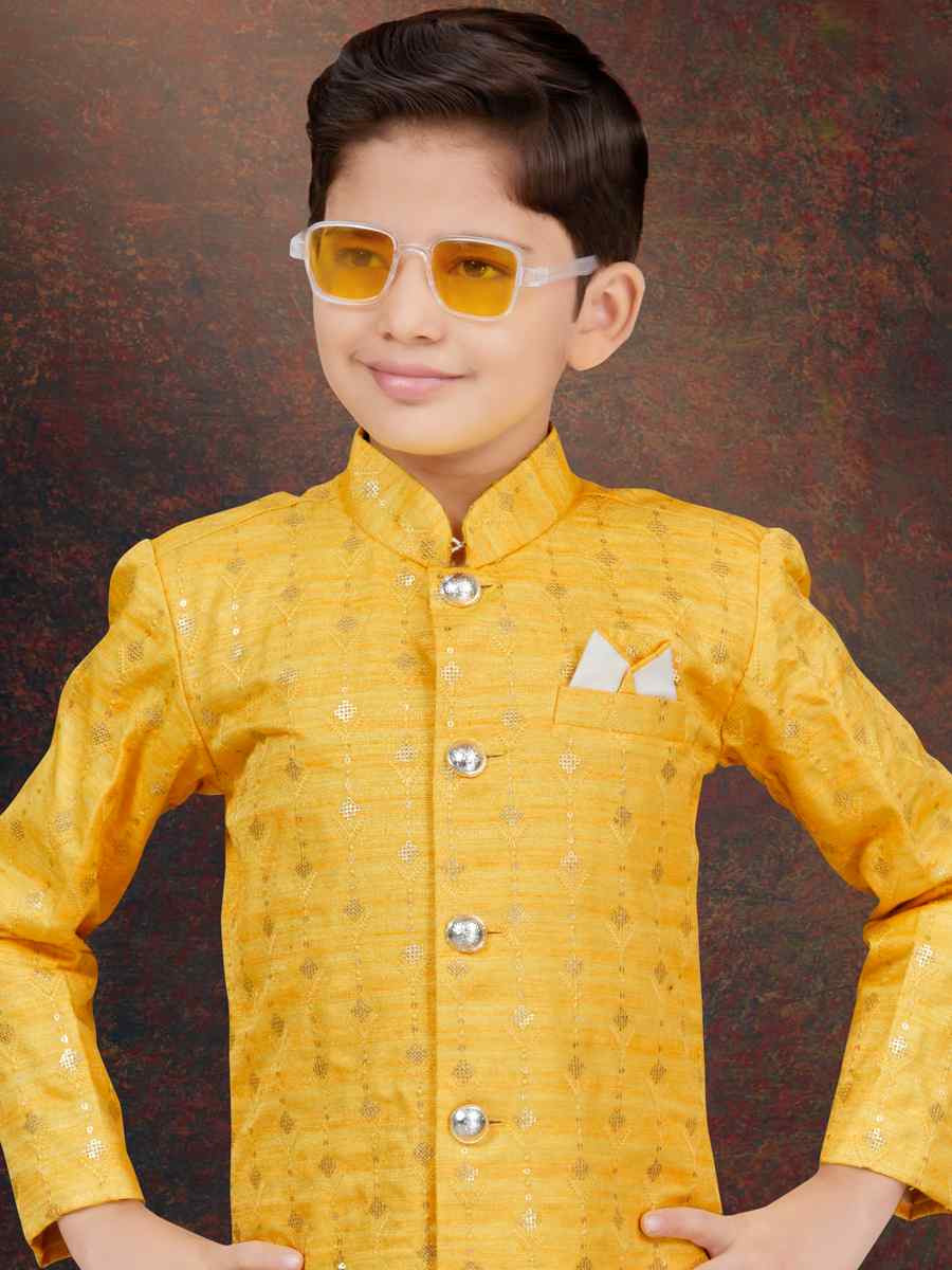 Yellow Champion Silk Embroidered Festival Wedding Kurta Pyjama Boys Wear