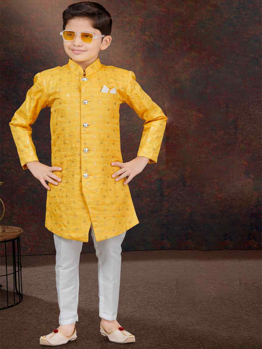 Yellow Champion Silk Embroidered Festival Wedding Kurta Pyjama Boys Wear