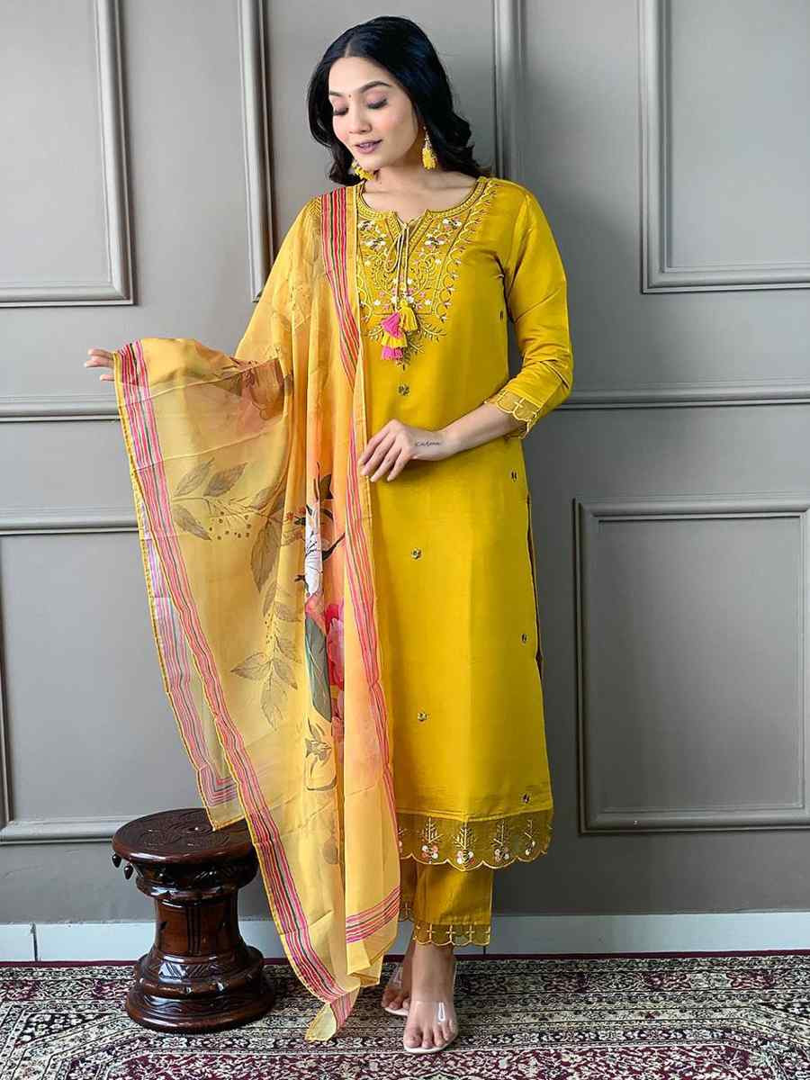 Yellow Chanderi Cotton Embroidered Festival Wedding Pant Salwar Kameez