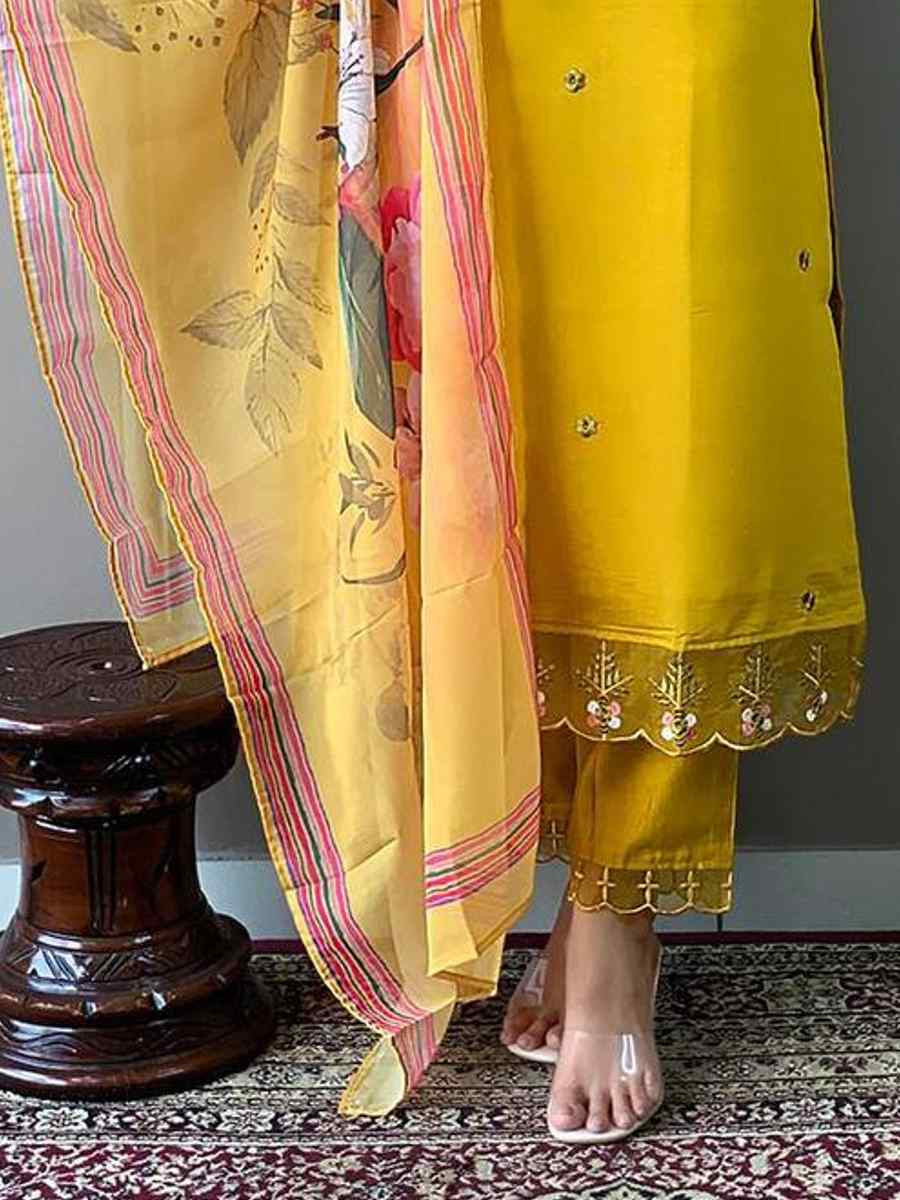 Yellow Chanderi Cotton Embroidered Festival Wedding Pant Salwar Kameez