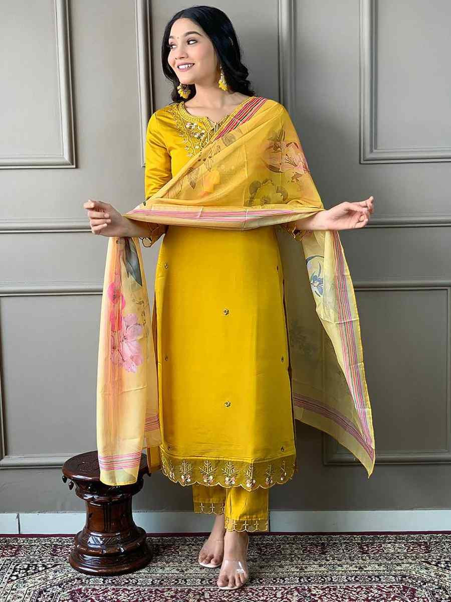 Yellow Chanderi Cotton Embroidered Festival Wedding Pant Salwar Kameez