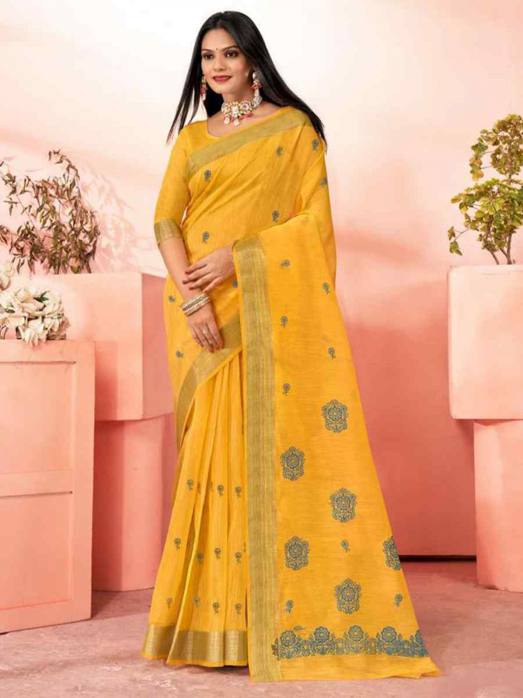 Yellow Chanderi Cotton Handwoven Festival Casual Heavy Border Saree