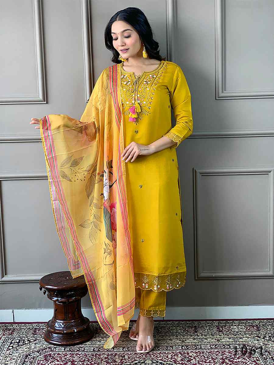 Yellow Chanderi Embroidered Festival Casual Ready Pant Salwar Kameez