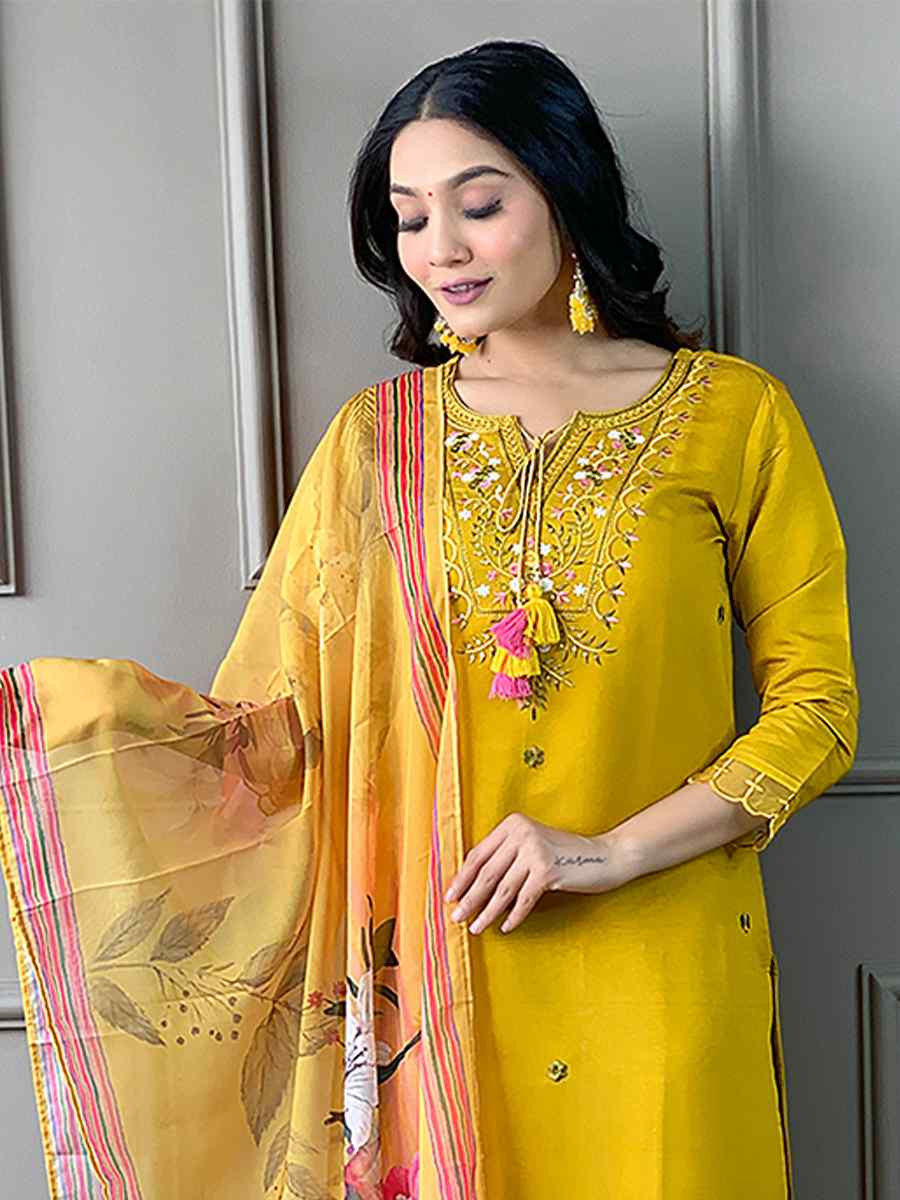 Yellow Chanderi Embroidered Festival Casual Ready Pant Salwar Kameez