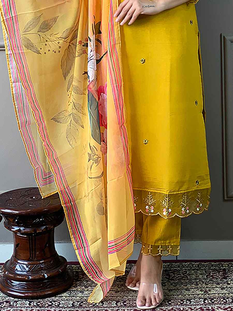 Yellow Chanderi Embroidered Festival Casual Ready Pant Salwar Kameez