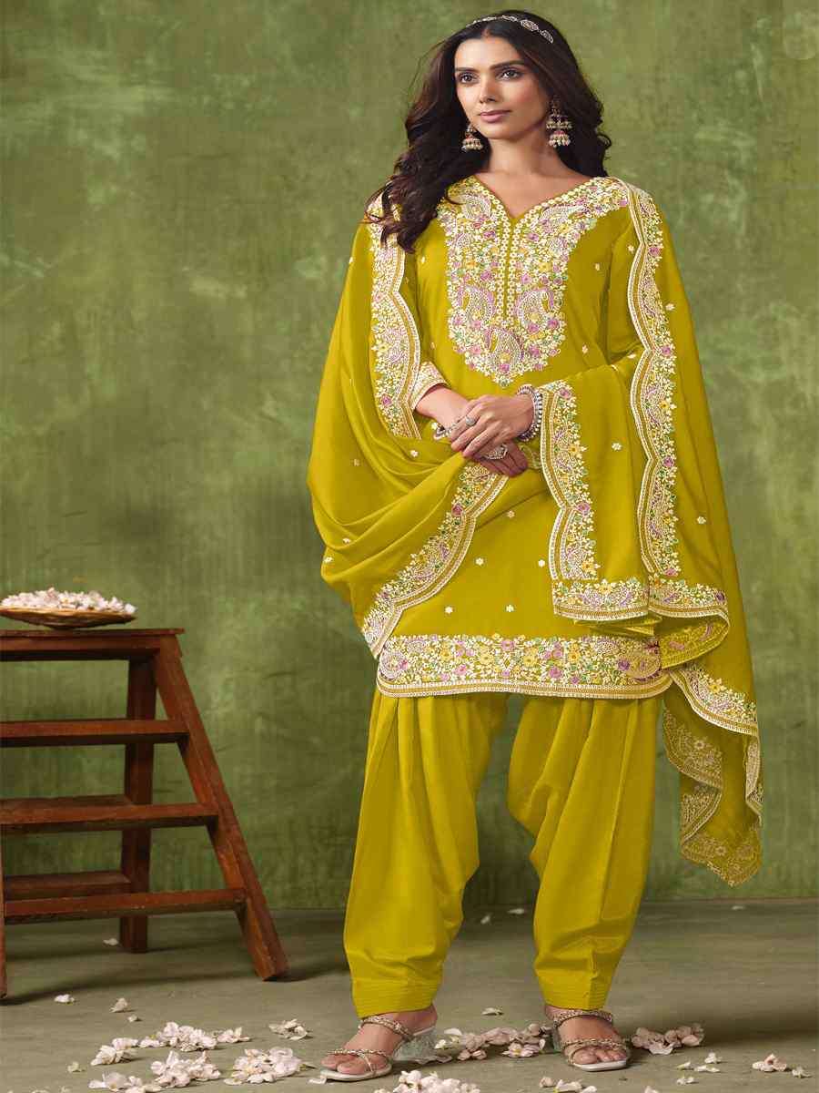 Yellow Chanderi Roman Silk Embroidered Festival Wedding Patiala Salwar Kameez