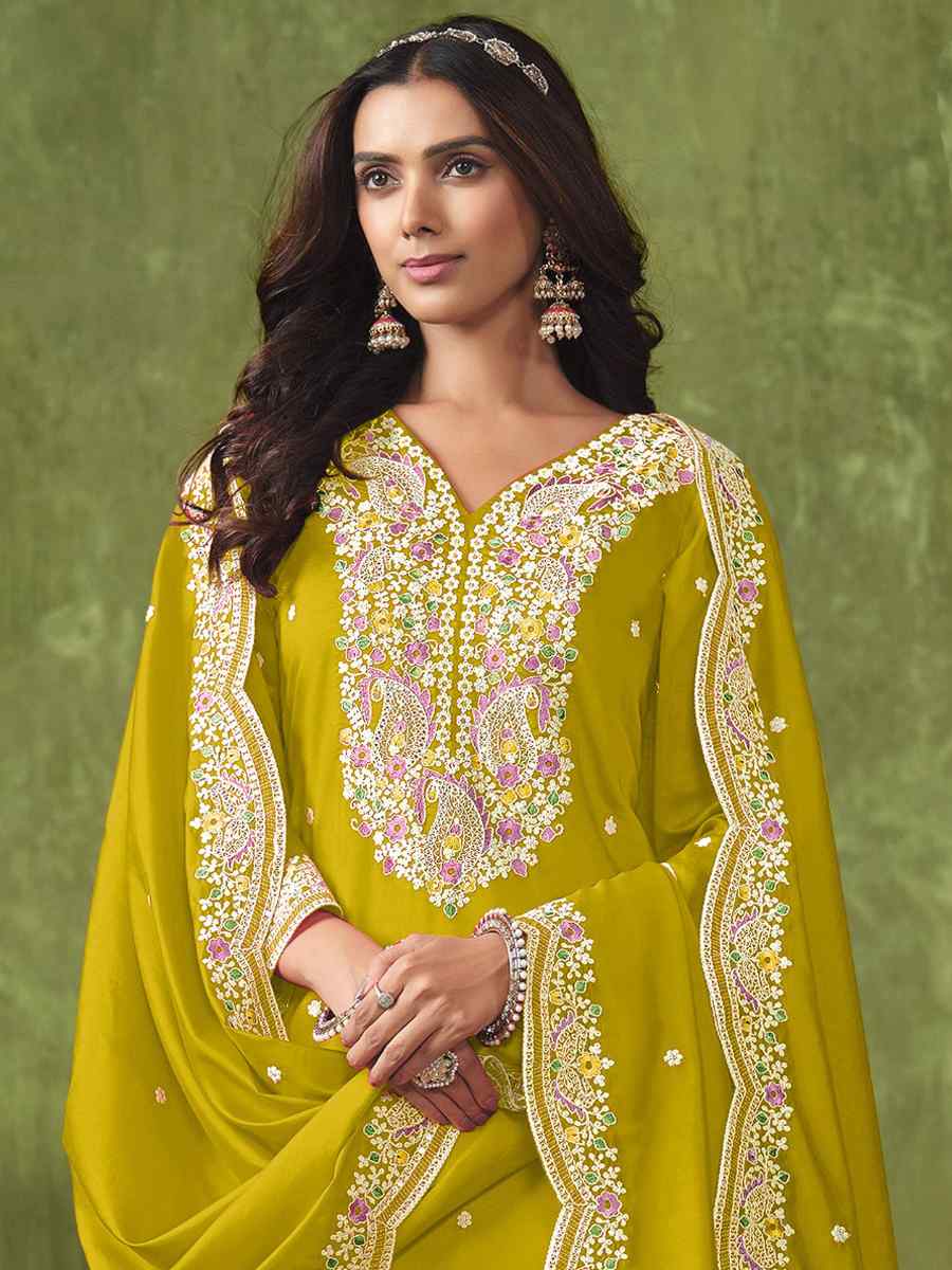 Yellow Chanderi Roman Silk Embroidered Festival Wedding Patiala Salwar Kameez