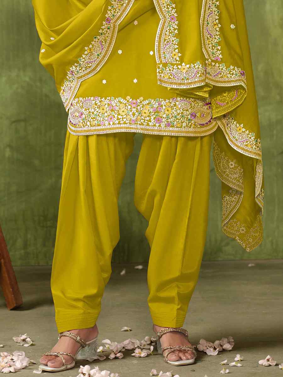 Yellow Chanderi Roman Silk Embroidered Festival Wedding Patiala Salwar Kameez