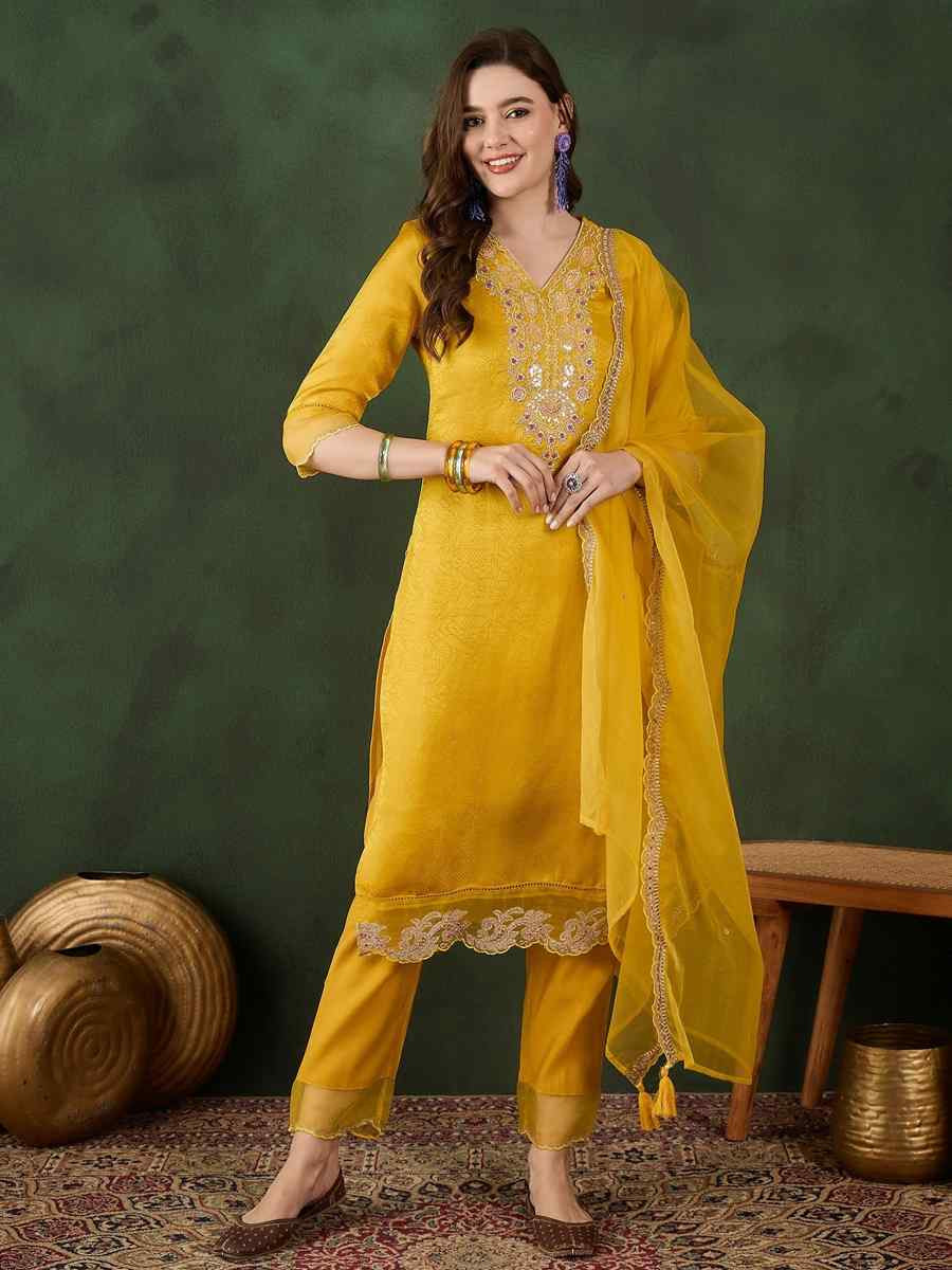 Yellow Chanderi Silk Embroidered Festival Casual Ready Pant Salwar Kameez