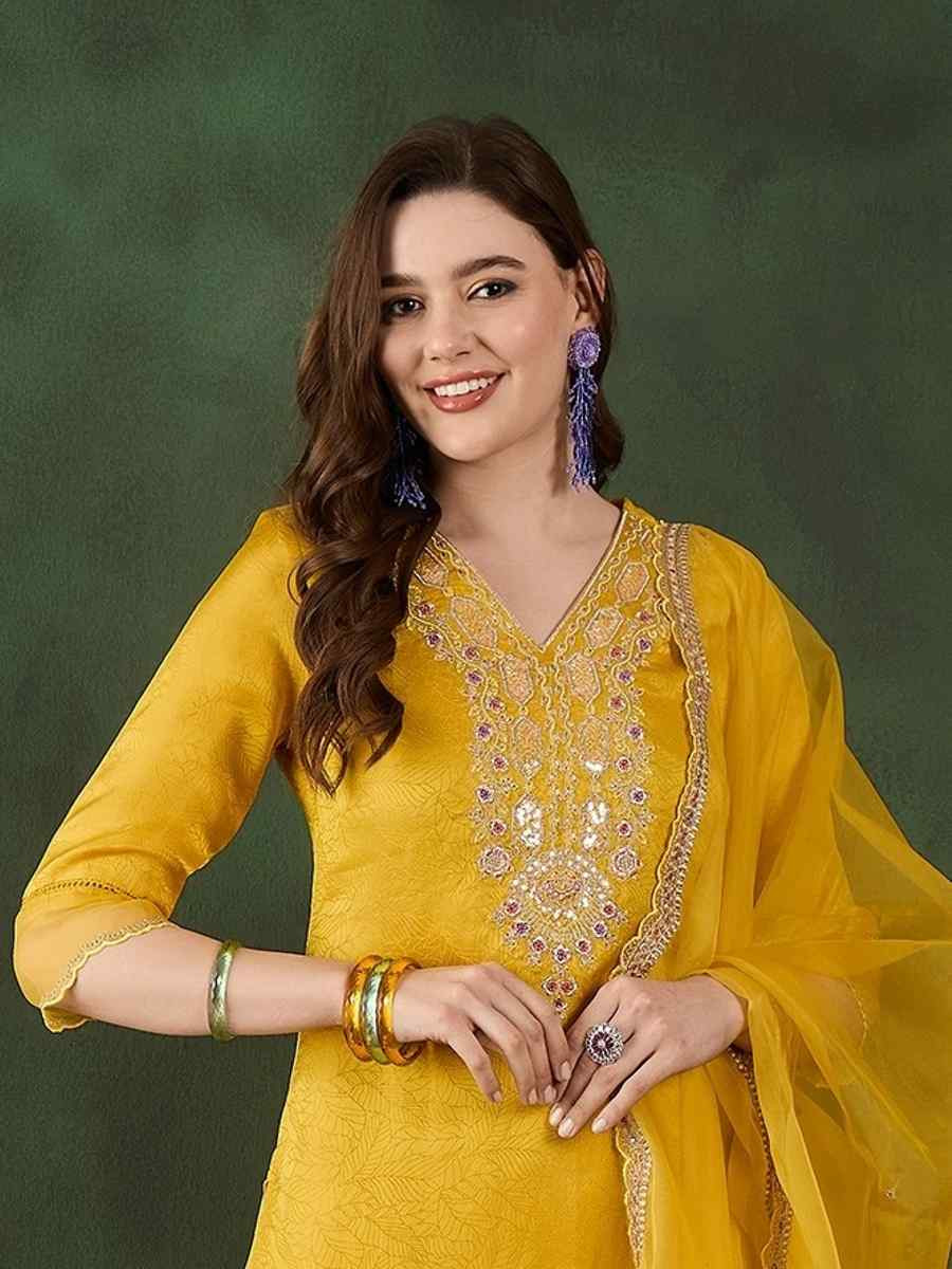 Yellow Chanderi Silk Embroidered Festival Casual Ready Pant Salwar Kameez