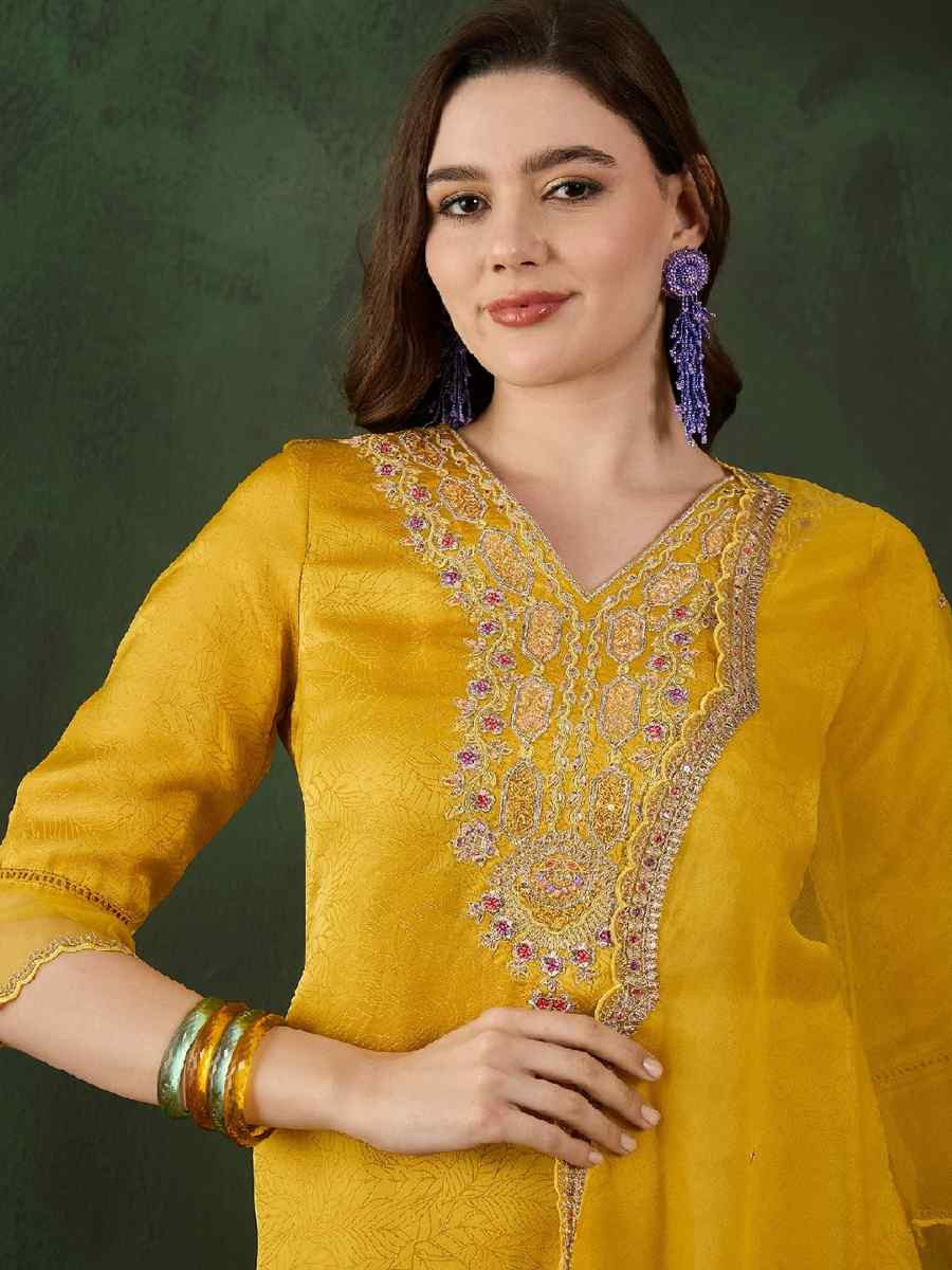 Yellow Chanderi Silk Embroidered Festival Casual Ready Pant Salwar Kameez