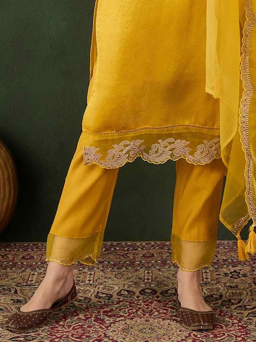 Yellow Chanderi Silk Embroidered Festival Casual Ready Pant Salwar Kameez