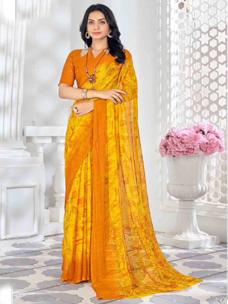 Yellow Chiffon Printed Casual Festival Contemporary Saree