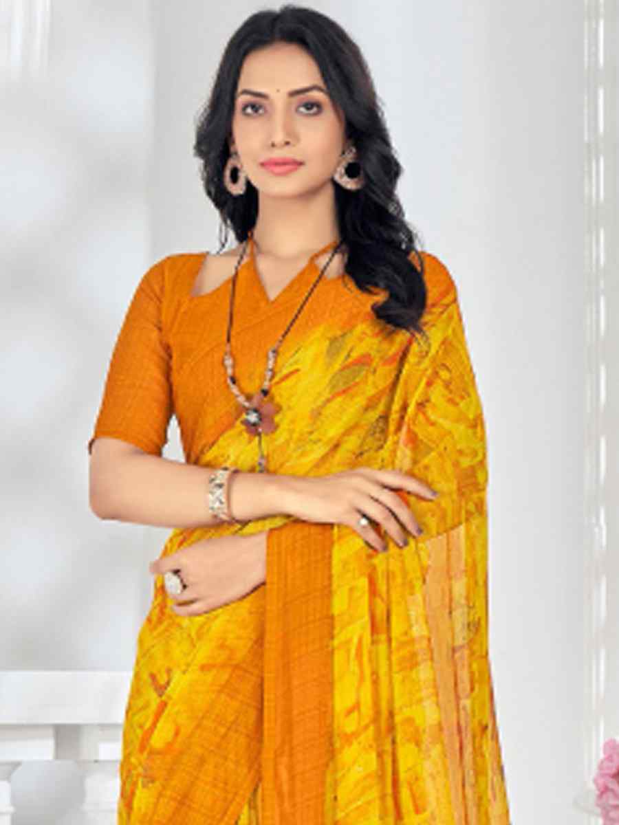 Yellow Chiffon Printed Casual Festival Contemporary Saree