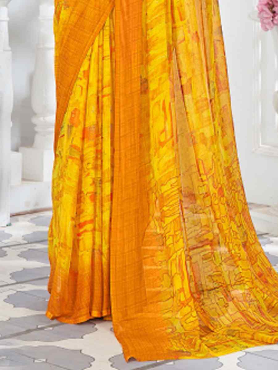 Yellow Chiffon Printed Casual Festival Contemporary Saree