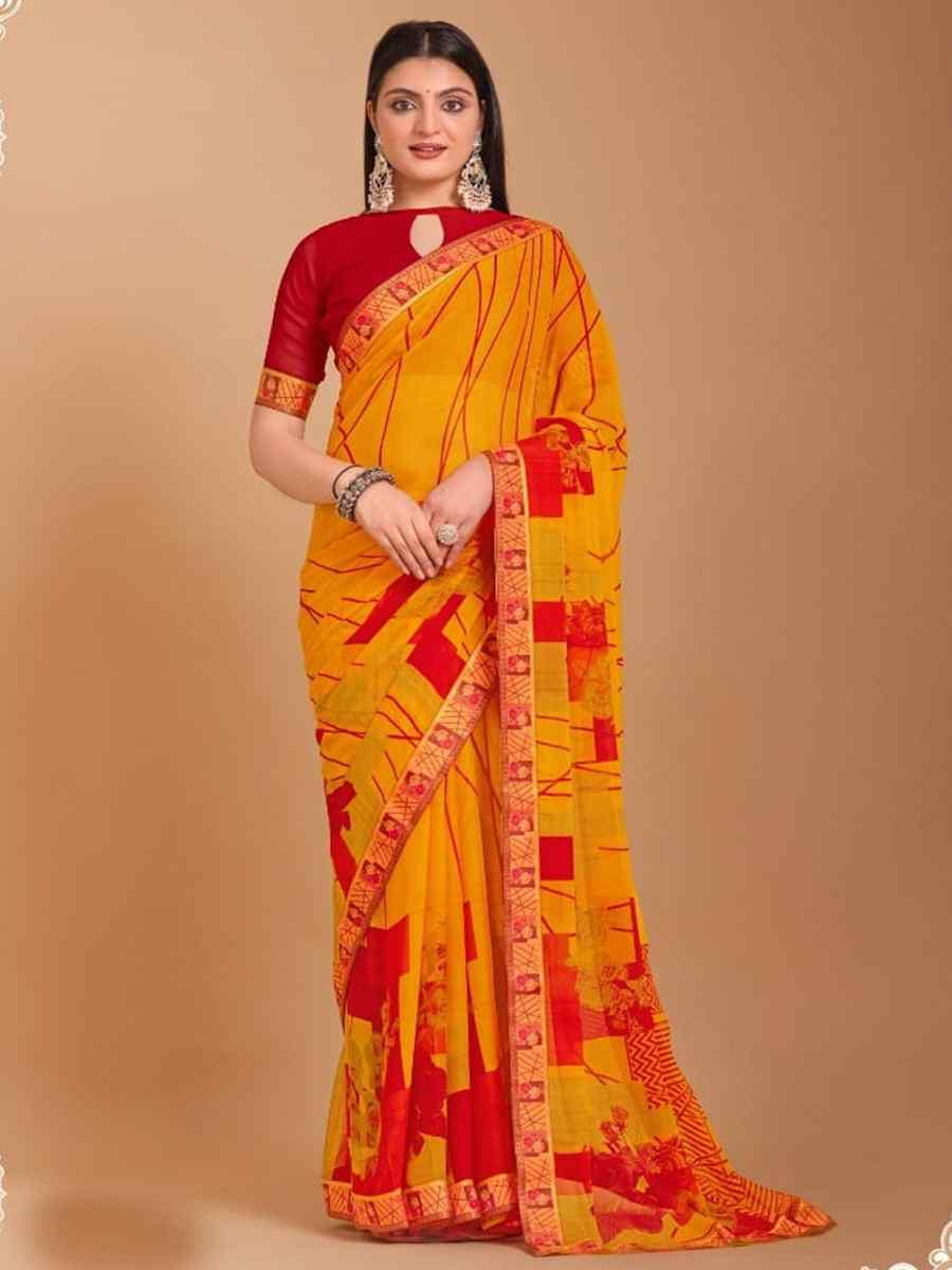 Yellow Chiffon Printed Festival Casual Contemporary Saree