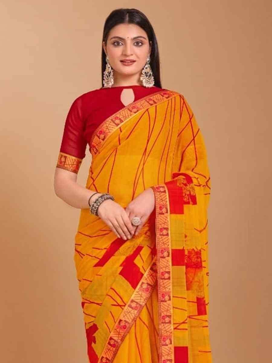 Yellow Chiffon Printed Festival Casual Contemporary Saree