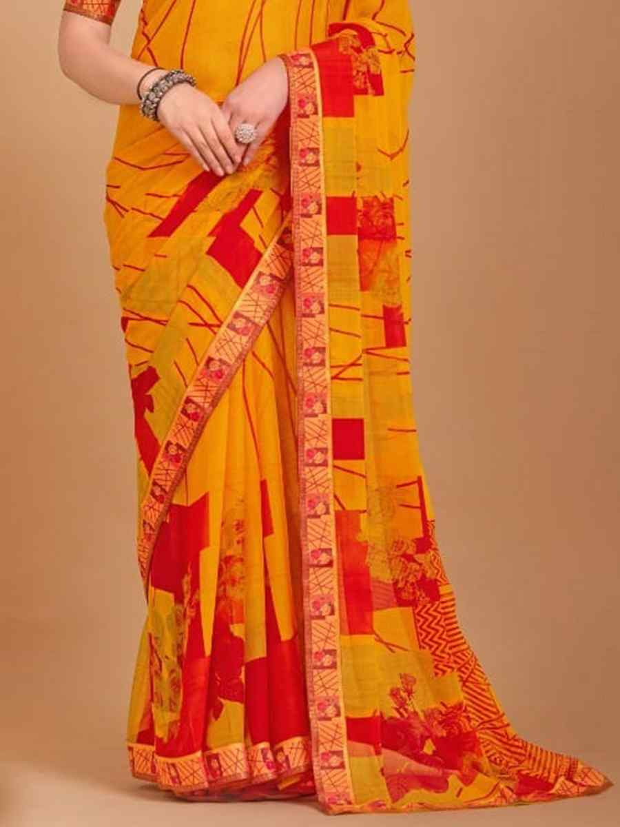 Yellow Chiffon Printed Festival Casual Contemporary Saree