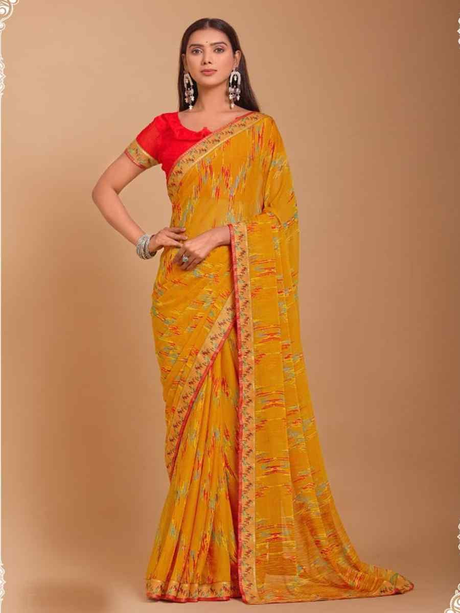 Yellow Chiffon Printed Festival Casual Contemporary Saree