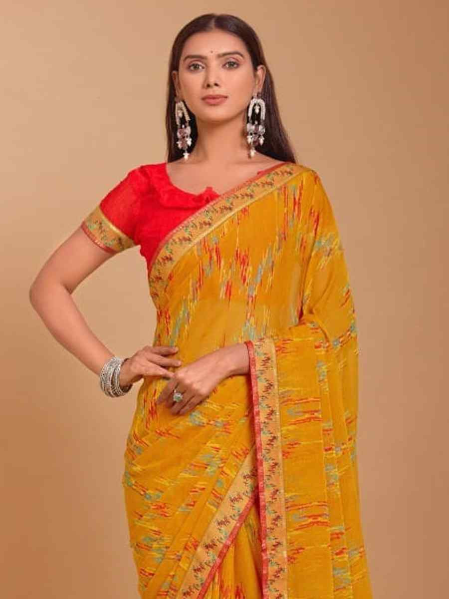 Yellow Chiffon Printed Festival Casual Contemporary Saree