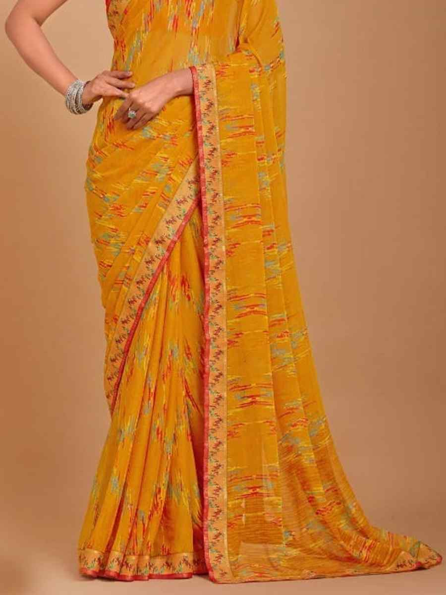 Yellow Chiffon Printed Festival Casual Contemporary Saree