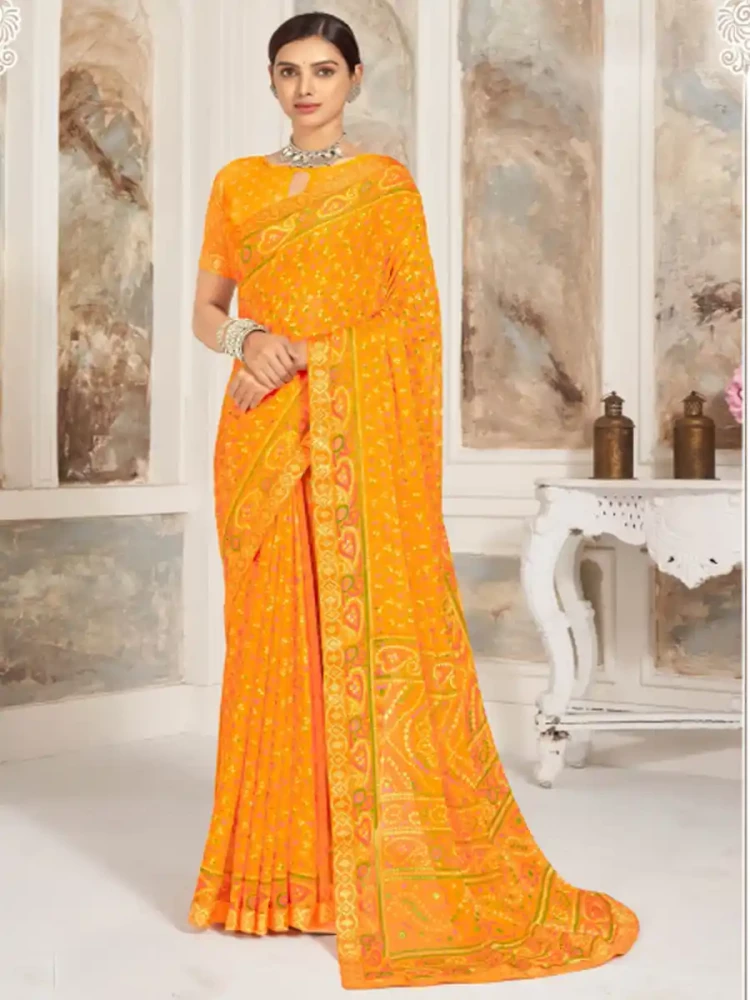 Yellow Chiffon Printed Festival Casual Contemporary Saree