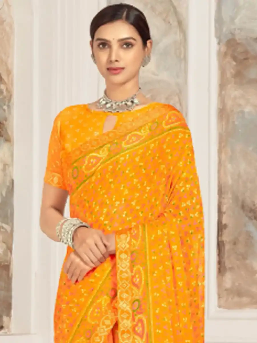 Yellow Chiffon Printed Festival Casual Contemporary Saree