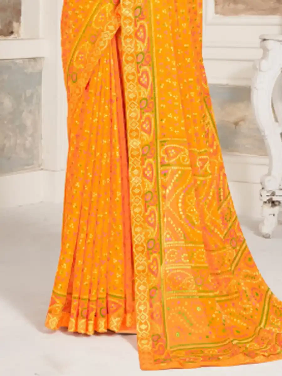 Yellow Chiffon Printed Festival Casual Contemporary Saree