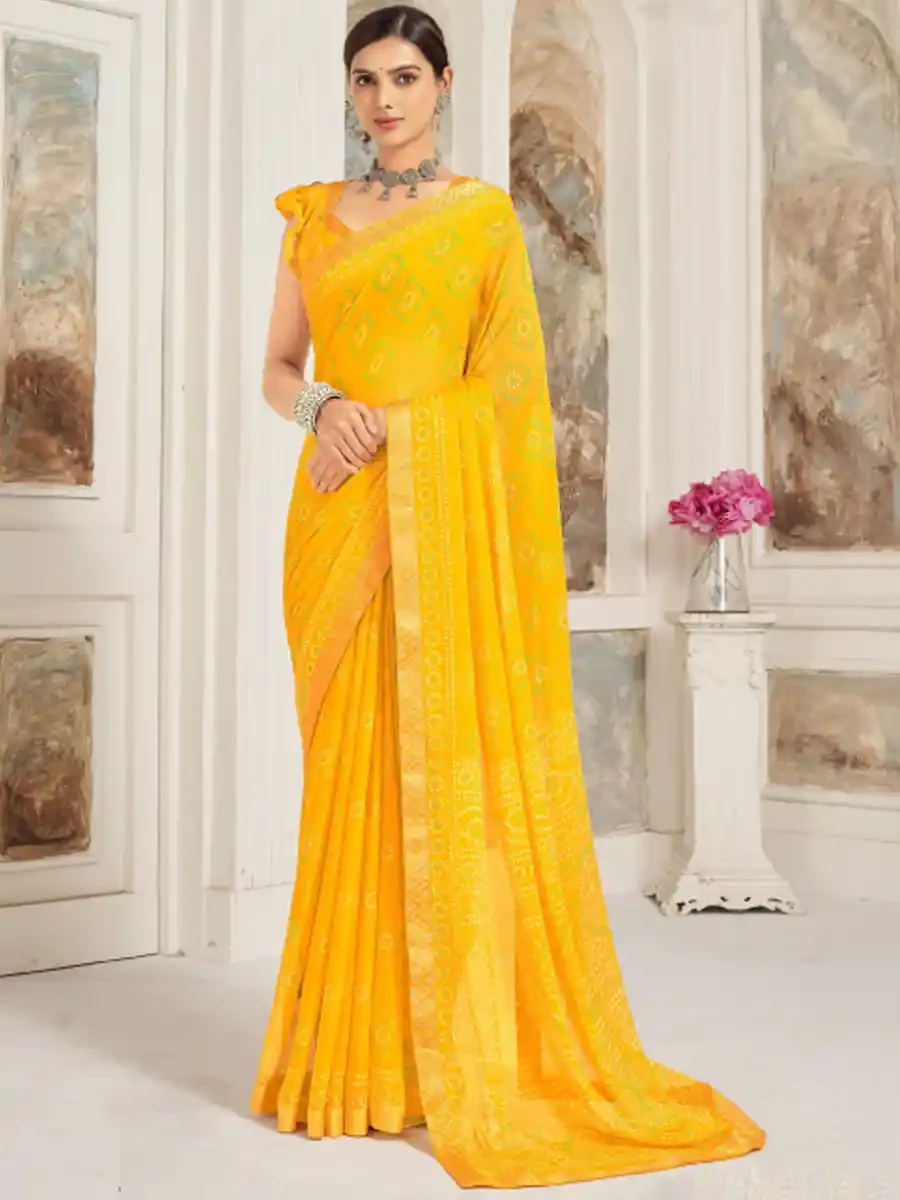 Yellow Chiffon Printed Festival Casual Contemporary Saree