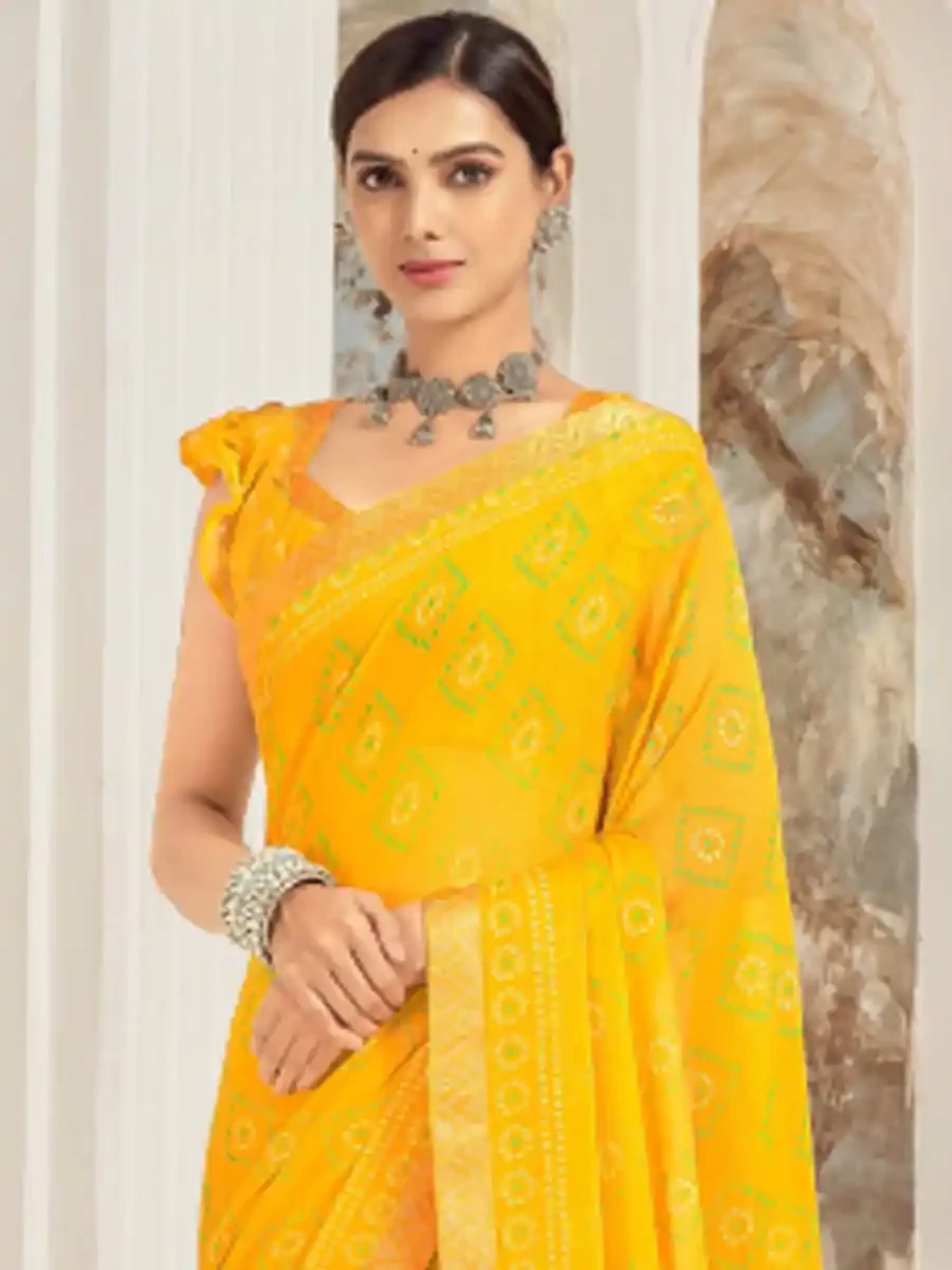 Yellow Chiffon Printed Festival Casual Contemporary Saree