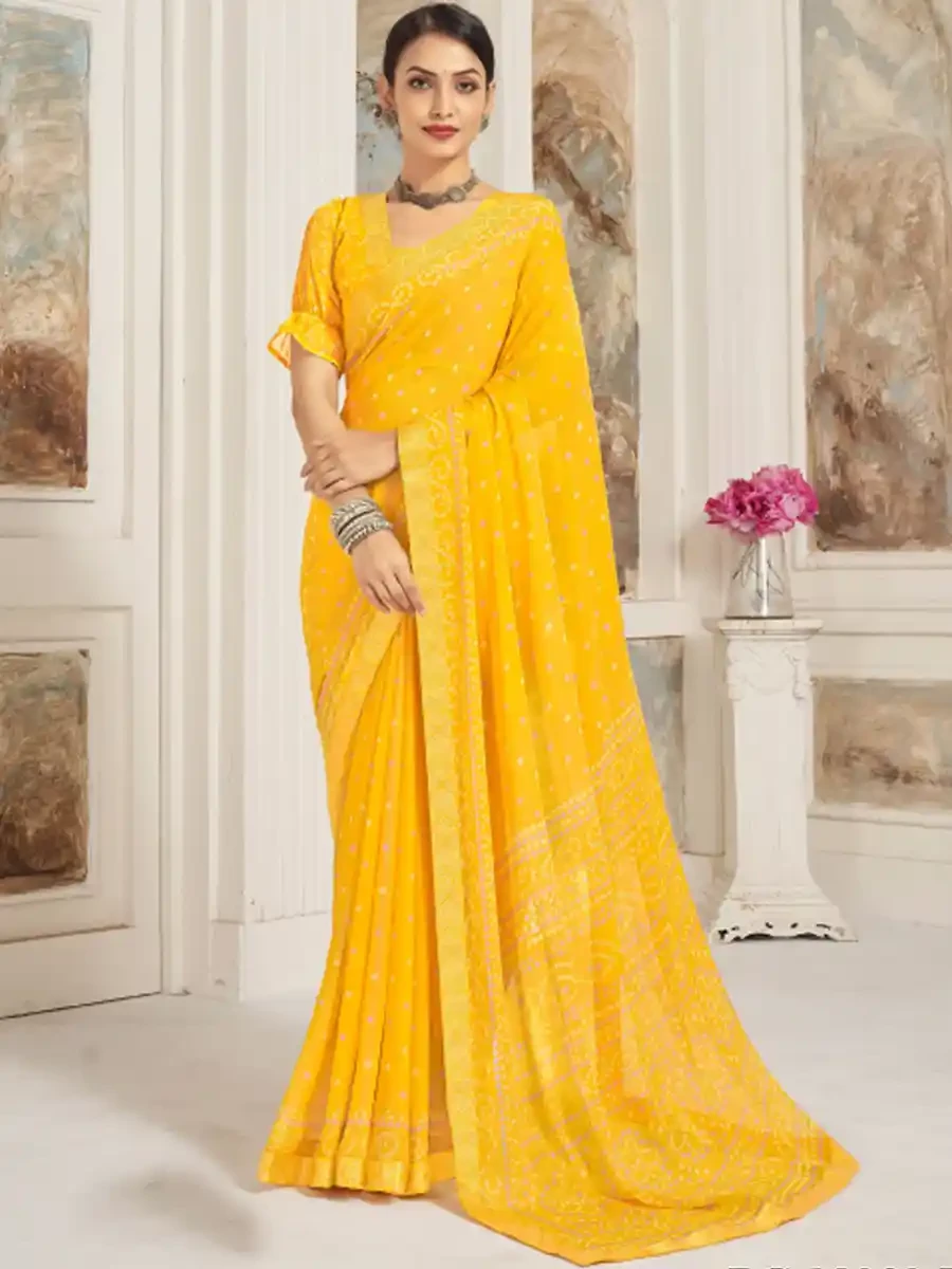 Yellow Chiffon Printed Festival Casual Contemporary Saree