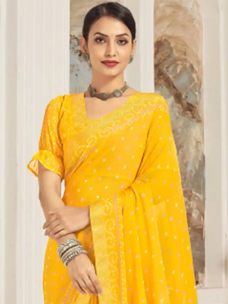 Yellow Chiffon Printed Festival Casual Contemporary Saree