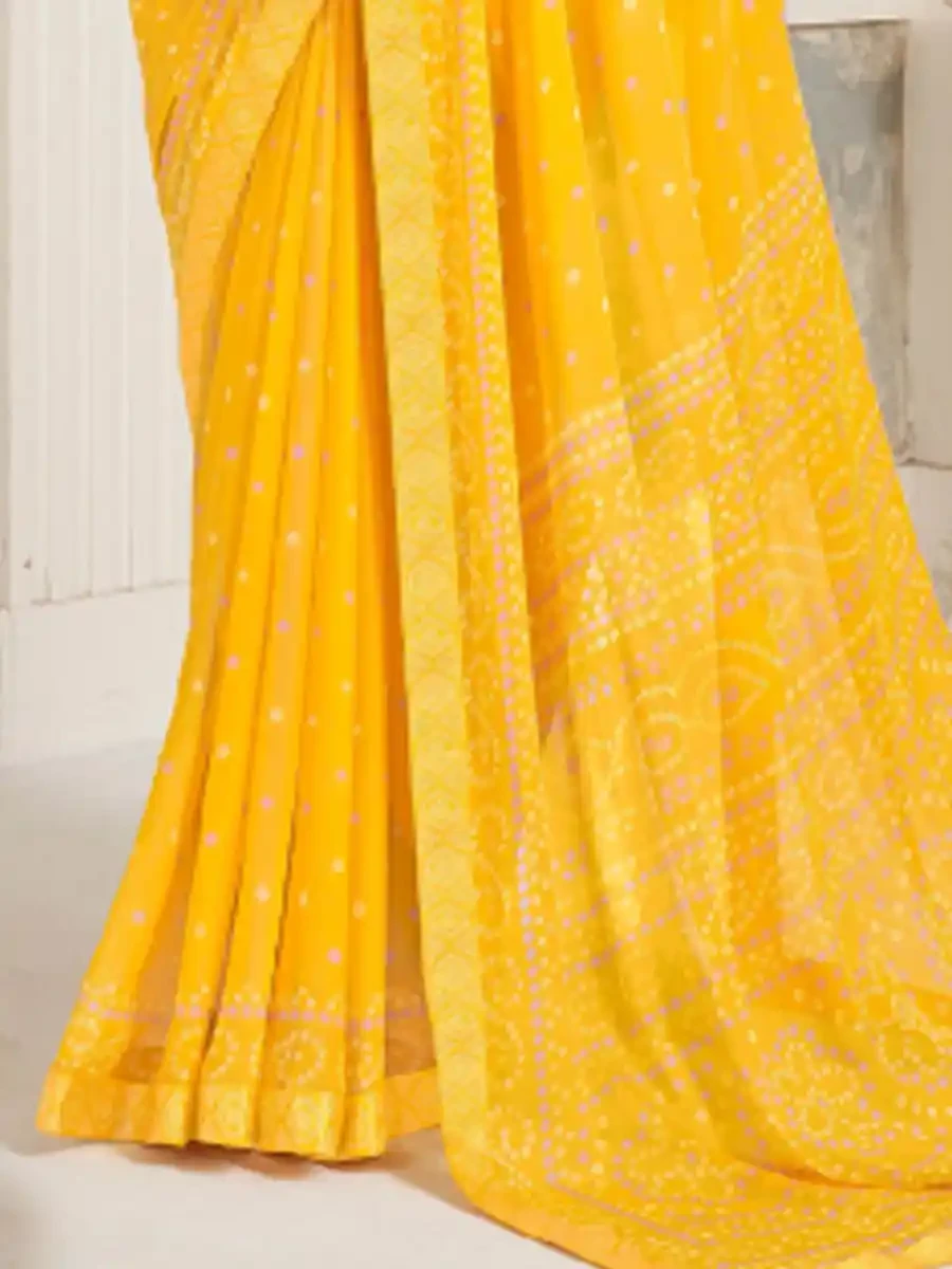 Yellow Chiffon Printed Festival Casual Contemporary Saree