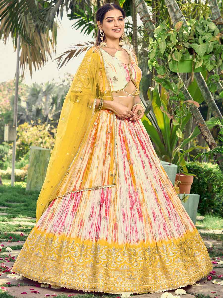 Yellow Chinon Embroidered Bridesmaid Wedding Heavy Border Lehenga Choli