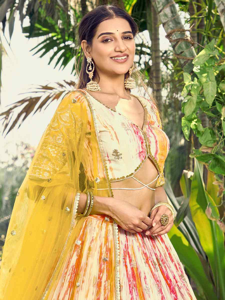 Yellow Chinon Embroidered Bridesmaid Wedding Heavy Border Lehenga Choli