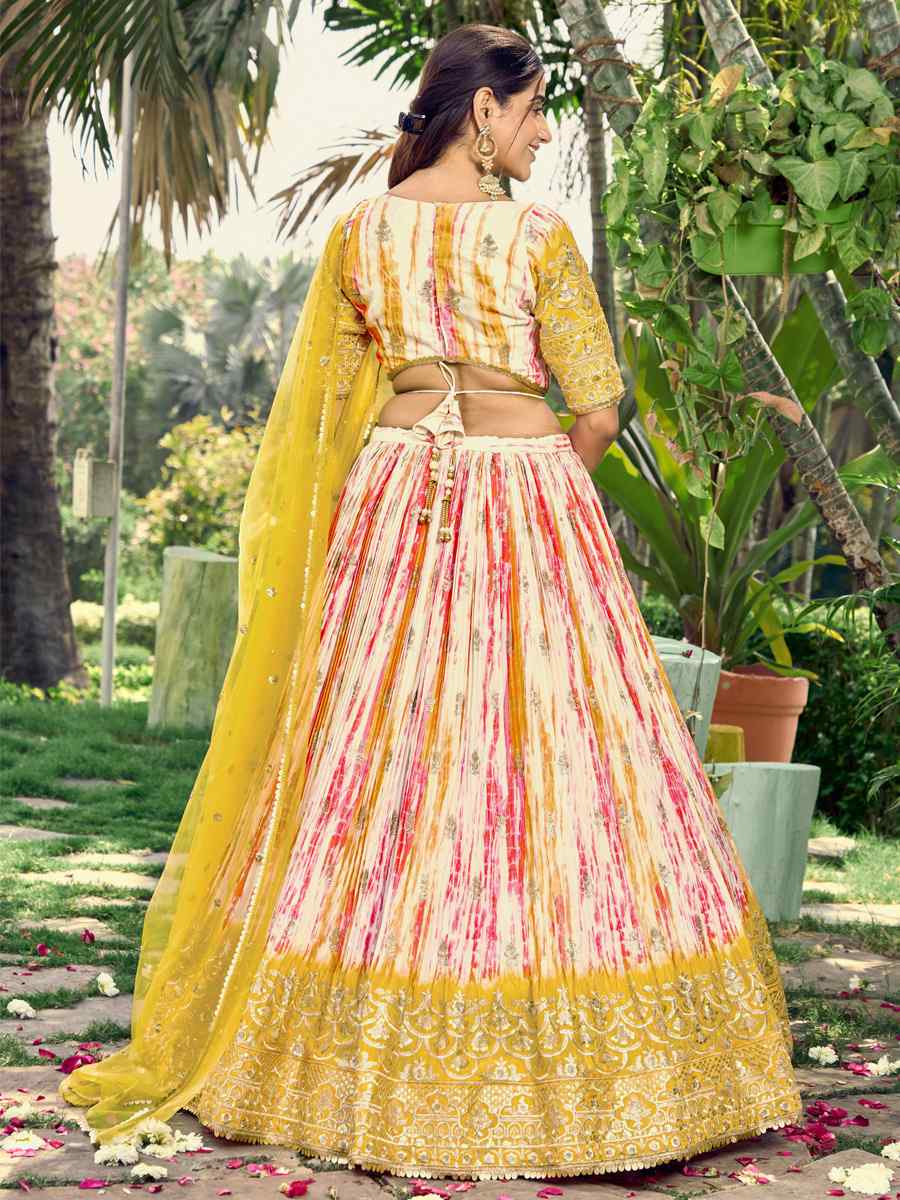 Yellow Chinon Embroidered Bridesmaid Wedding Heavy Border Lehenga Choli