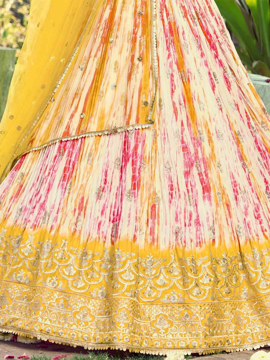 Yellow Chinon Embroidered Bridesmaid Wedding Heavy Border Lehenga Choli