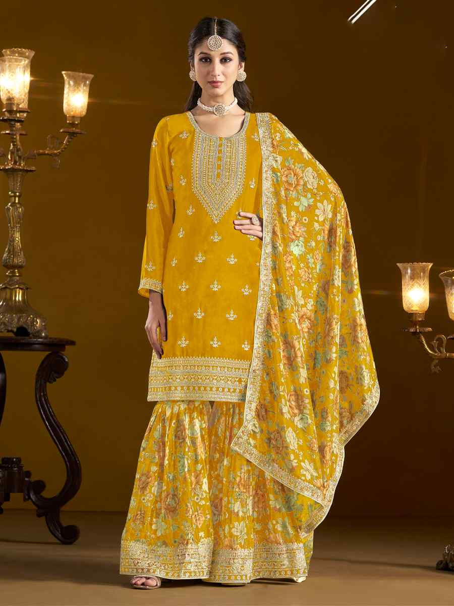 Yellow Chinon Embroidered Festival Wedding Sharara Pant Salwar Kameez