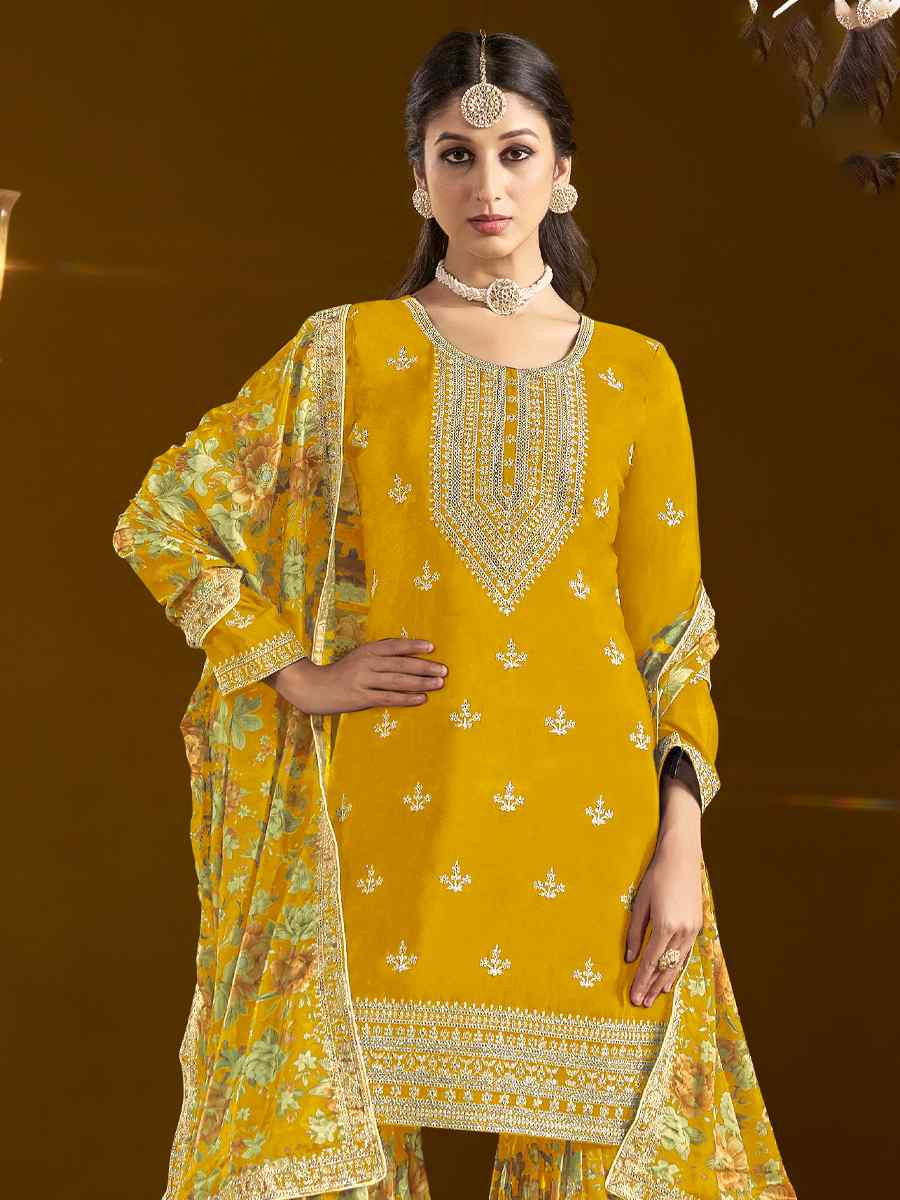 Yellow Chinon Embroidered Festival Wedding Sharara Pant Salwar Kameez