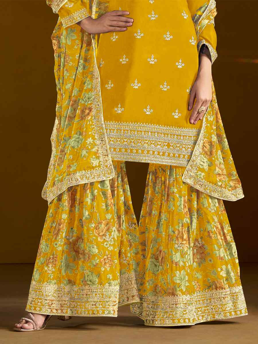 Yellow Chinon Embroidered Festival Wedding Sharara Pant Salwar Kameez