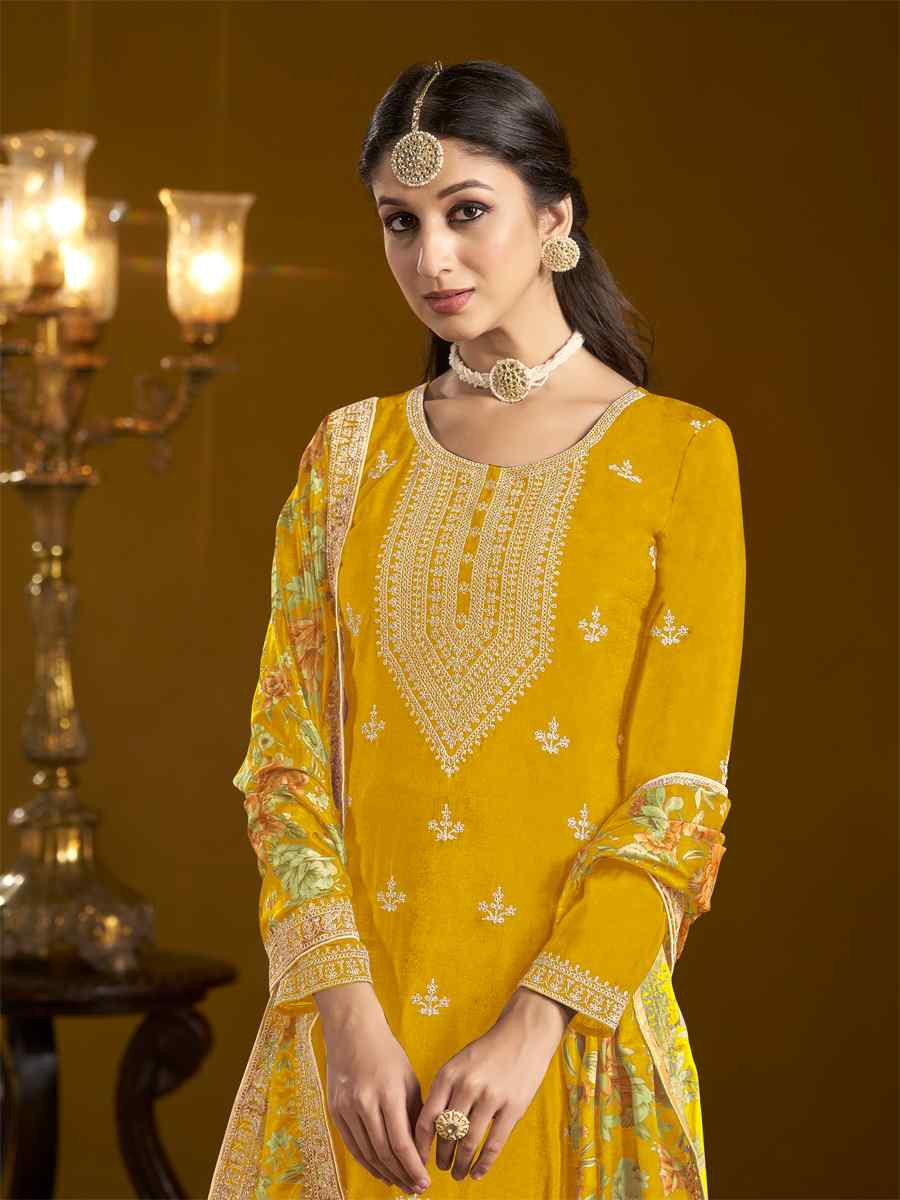 Yellow Chinon Embroidered Festival Wedding Sharara Pant Salwar Kameez