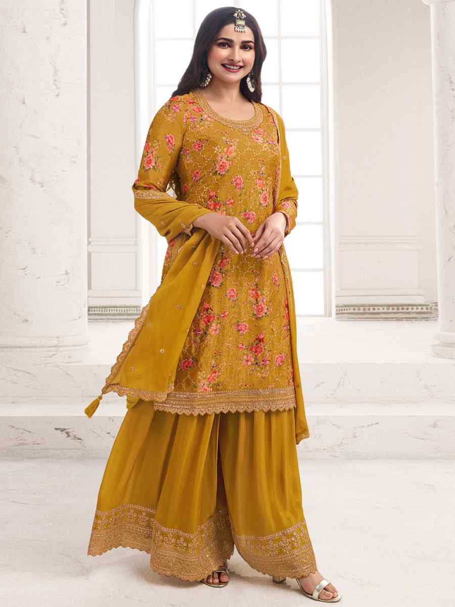 Yellow Chinon Embroidered Festival Wedding Sharara Pant Salwar Kameez