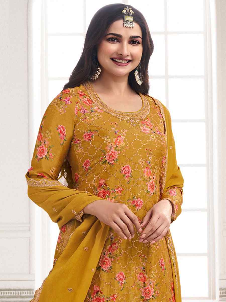 Yellow Chinon Embroidered Festival Wedding Sharara Pant Salwar Kameez